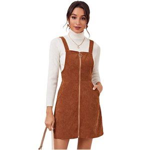 Women Zipper Up Corduroy Overall Dress